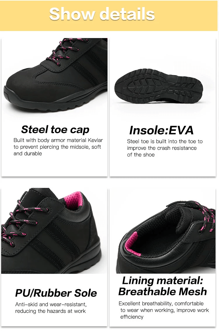 Hot selling black and pink leather women security shoes steel toe